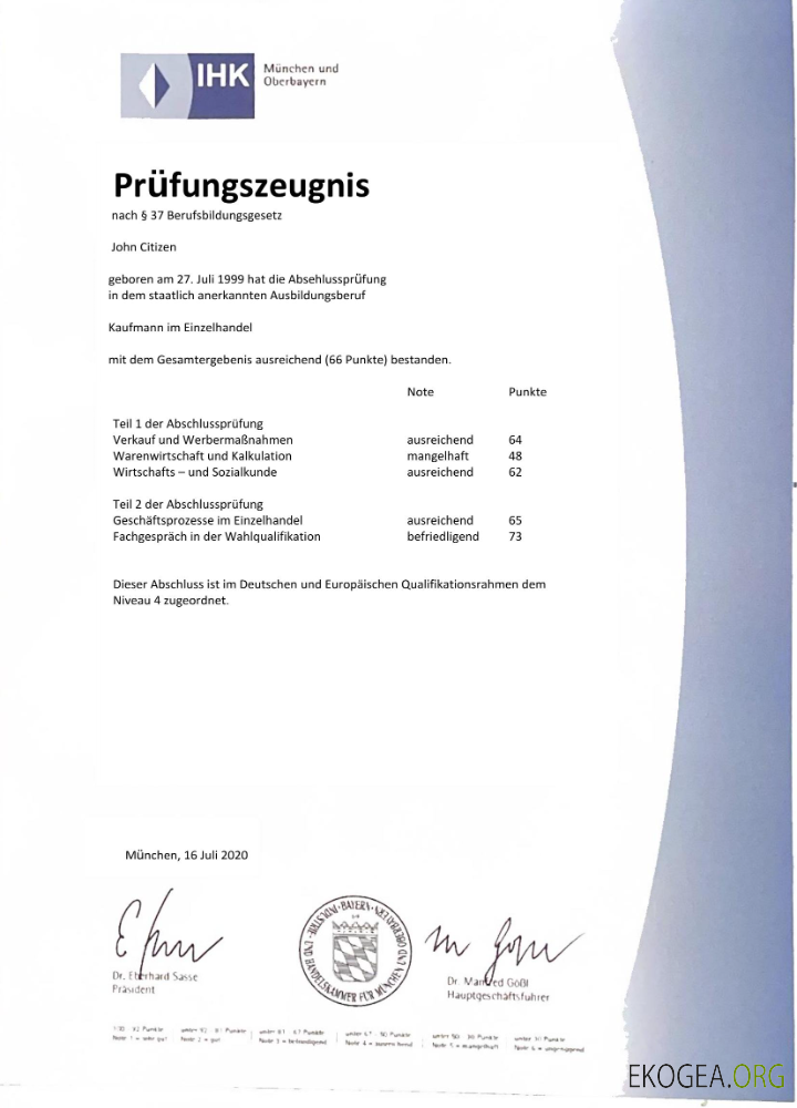 Allemagne Certificat d'examen IHK Munich Modèle Word et PDF